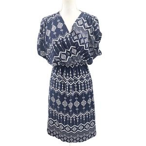 East Adeline Women Size 1X Boho Print Cross Front Dress Knee Length Hand Pockets